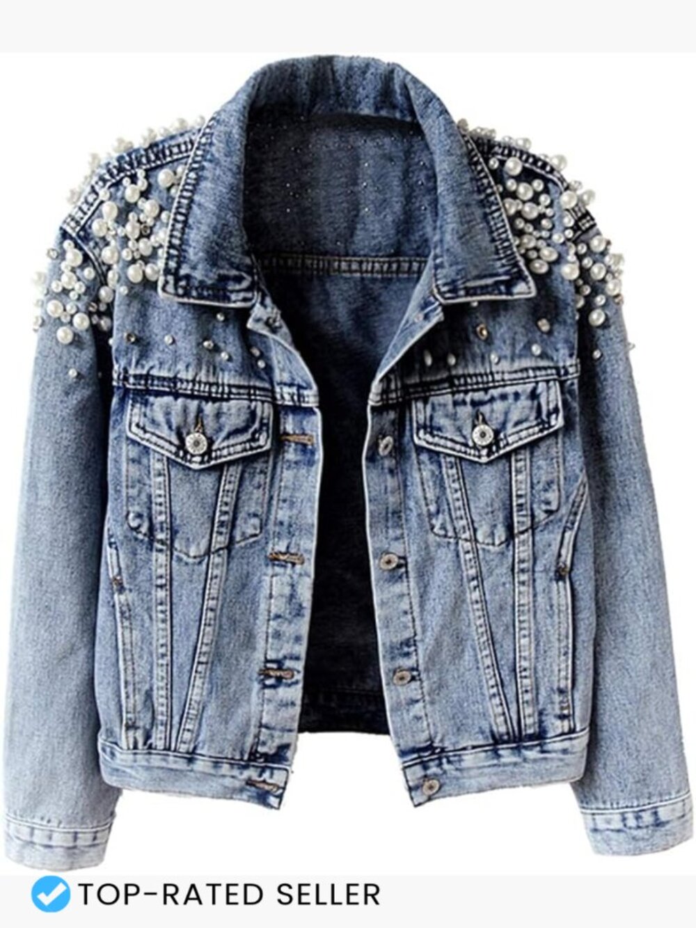 Women's Denim Jacket Embroidered Pearls Distressed Button Front Classic Fit